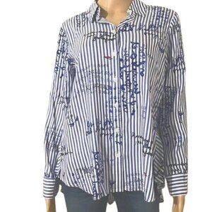 CHICO’S White Blue Striped Conversational Rayon Hi Lo Shirt Tunic Top